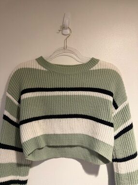 Striped Sage and Cream Cropped Knit Sweater